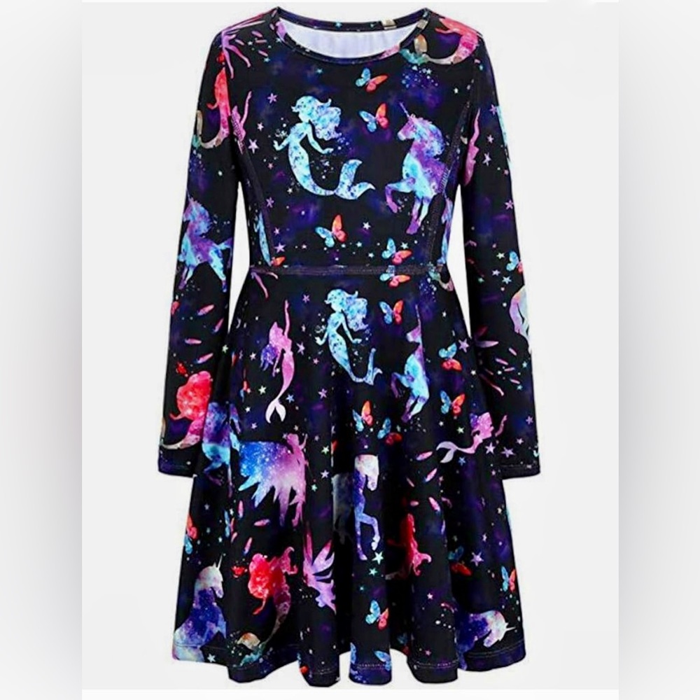 Girls Starry Sky Mermaid Long Sleeve Fancy Dress. Kids Size 4-5